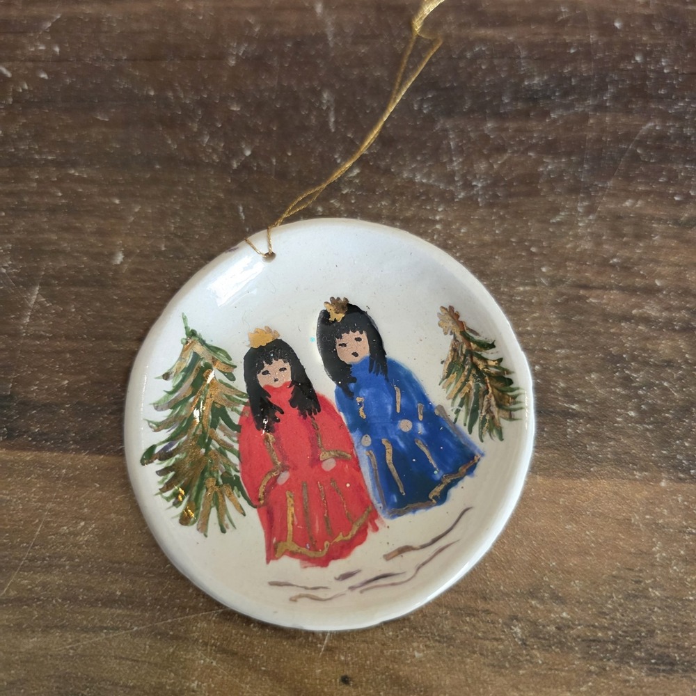 Christmas Tree Ornament Round Ceramic Angels Christmas Trees Hand Painted‎ 2.5"